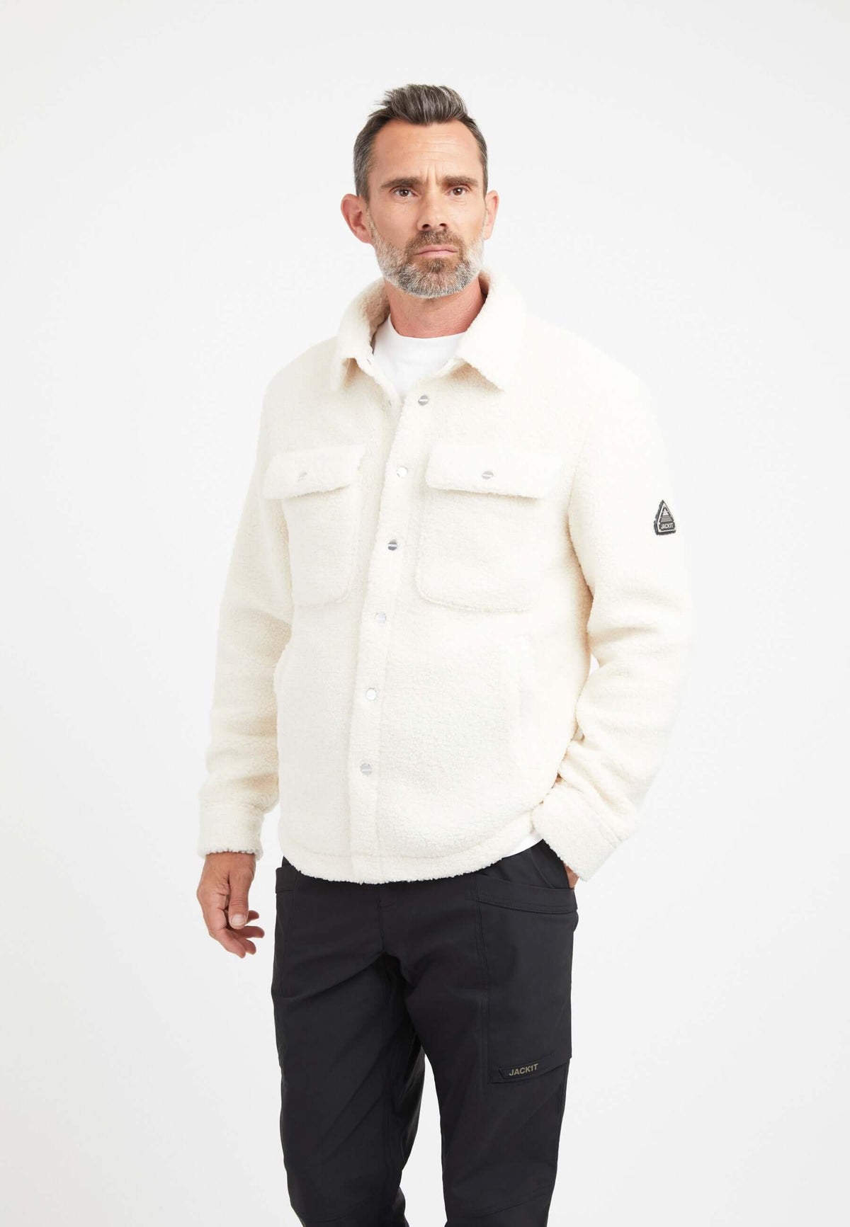 Sherpa Shirt Jacket Ecru on model front view by JACK1T