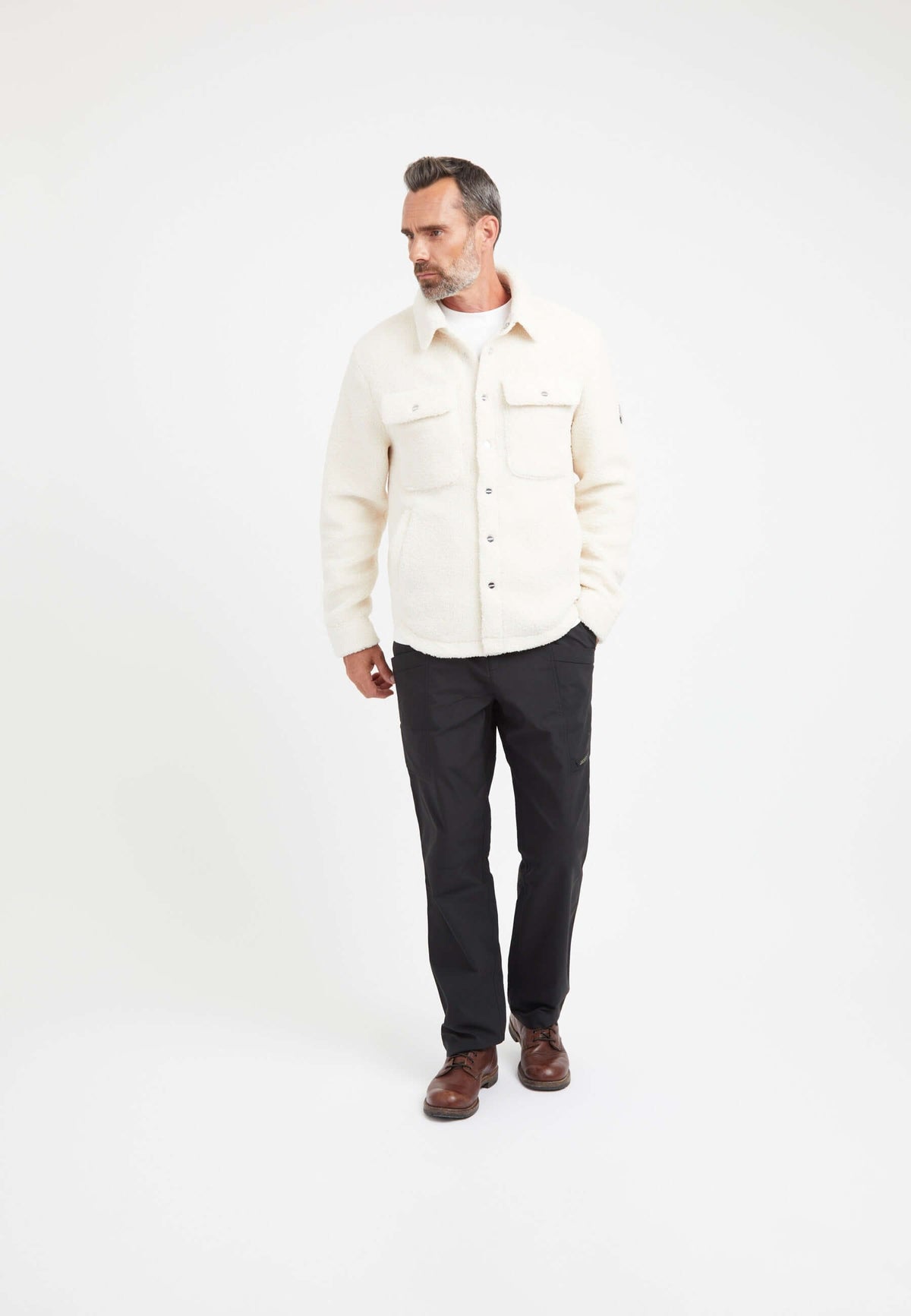 Sherpa Shirt Jacket Ecru on model detail by JACK1T