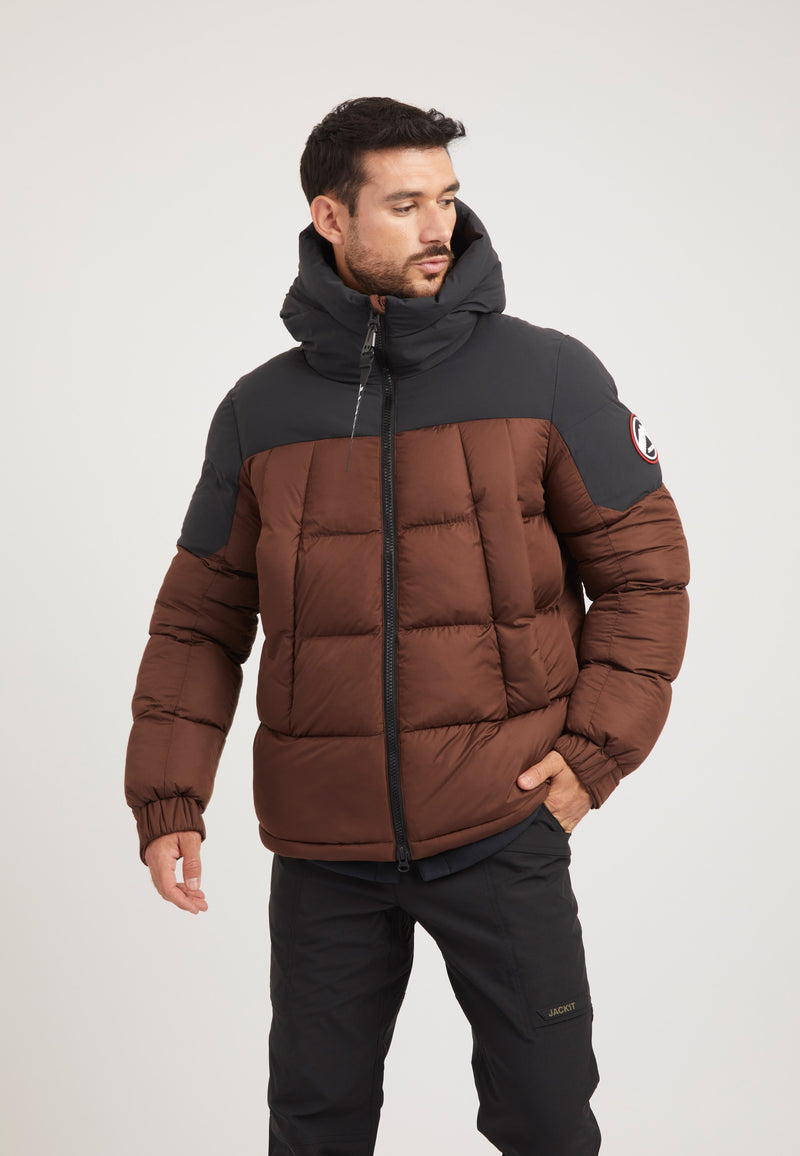 Luna Puffer Jacket Mid Brown/Black on model front view by JACK1T