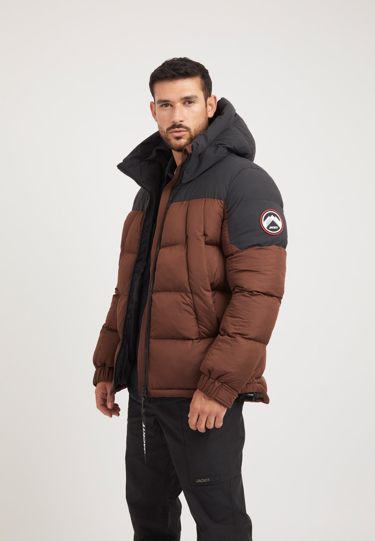 Luna Puffer Jacket Mid Brown/Black on model back view by JACK1T