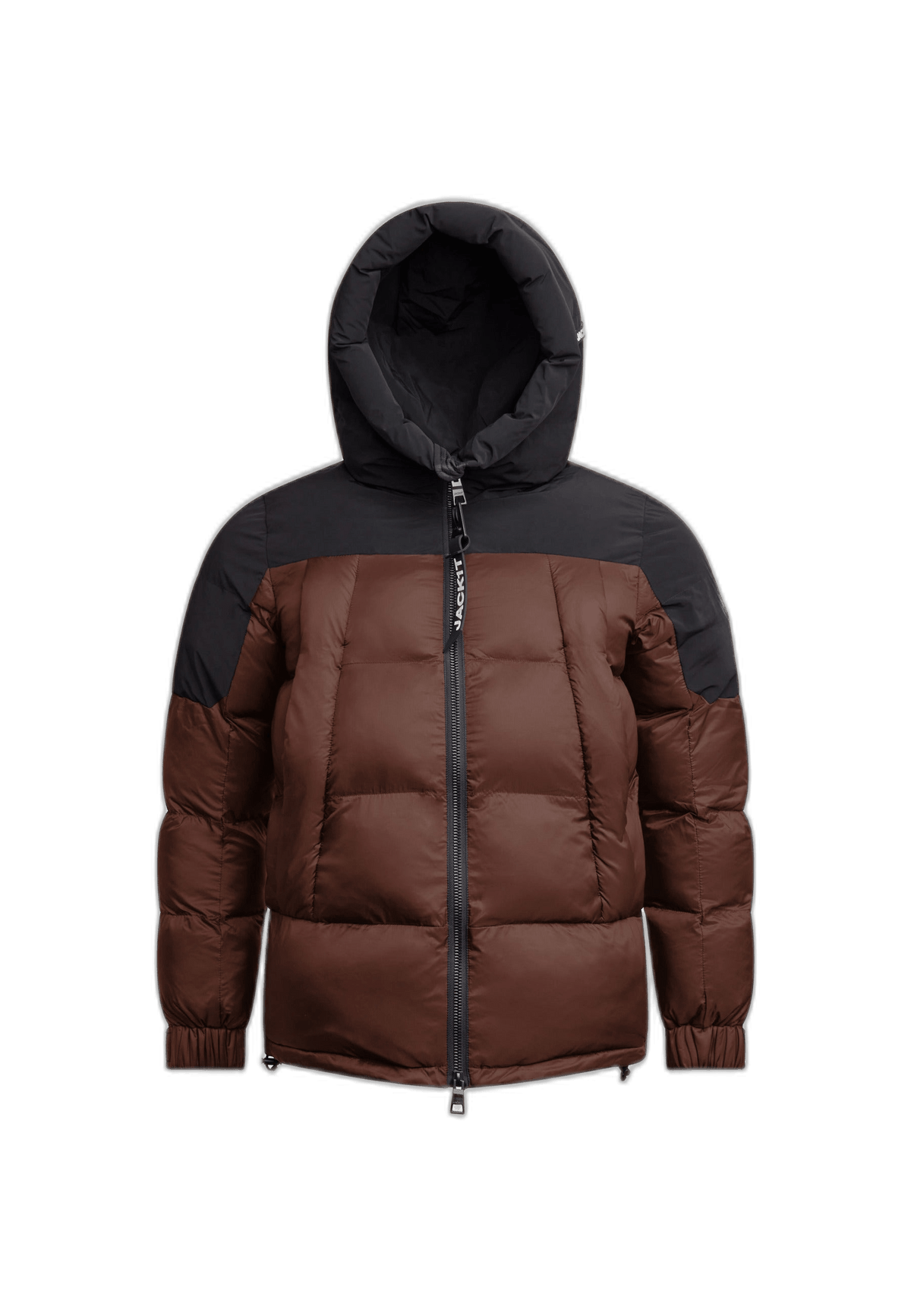 Mens brown puffer jacket in mid brown and black with a hood and tapered design.