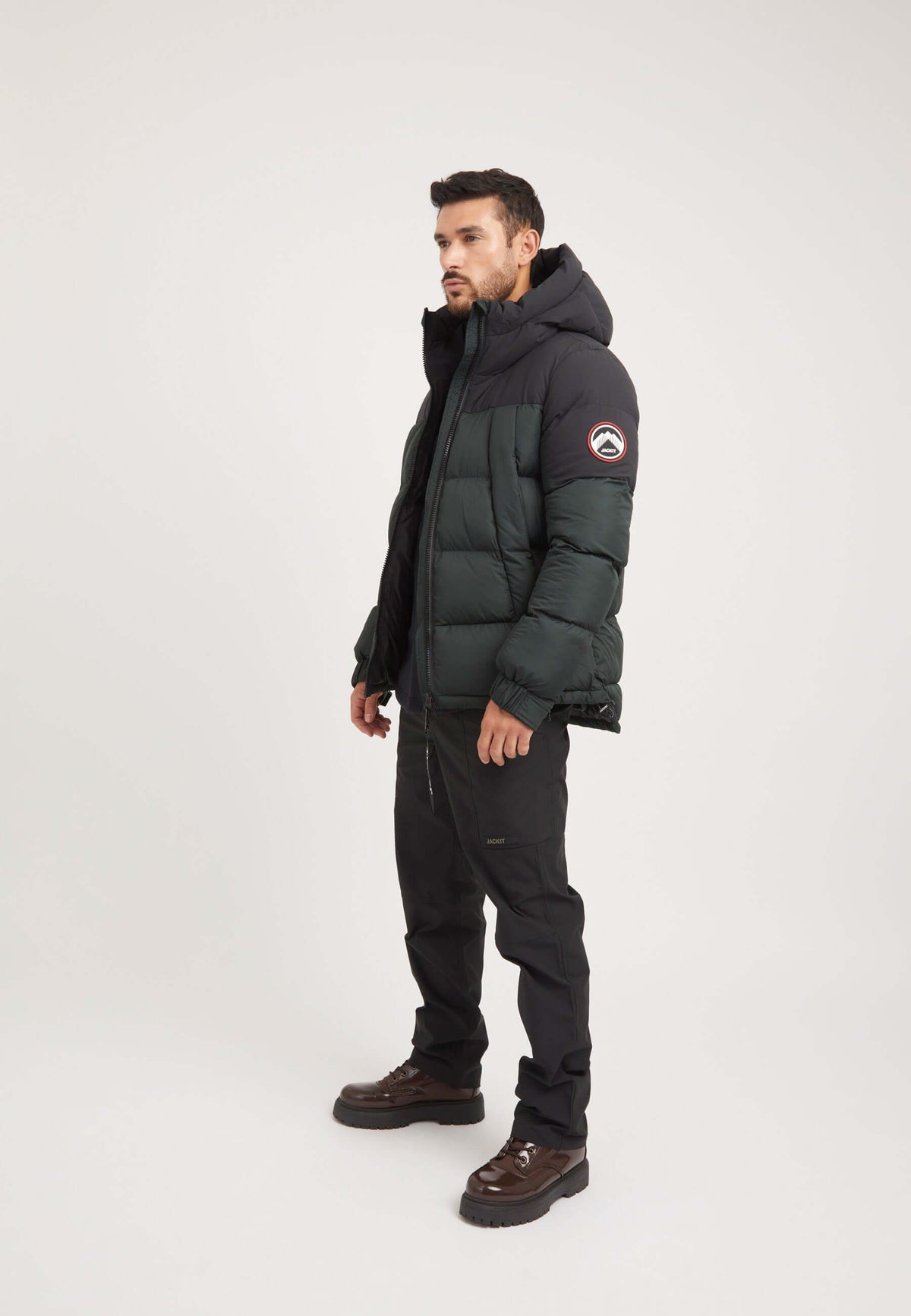 Luna Puffer Jacket Olive/Black on model detail by JACK1T