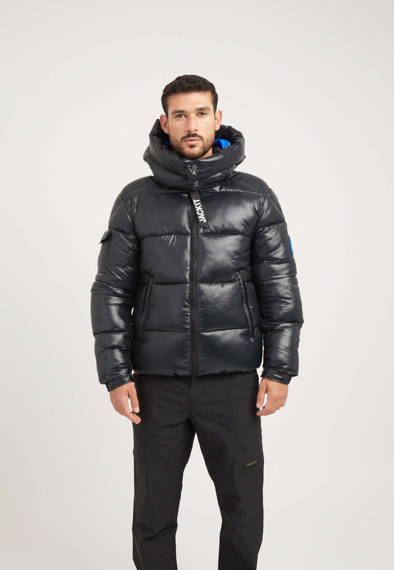 EZ Slick Racer Jacket Black/Glacial Blue on model front view by JACK1T