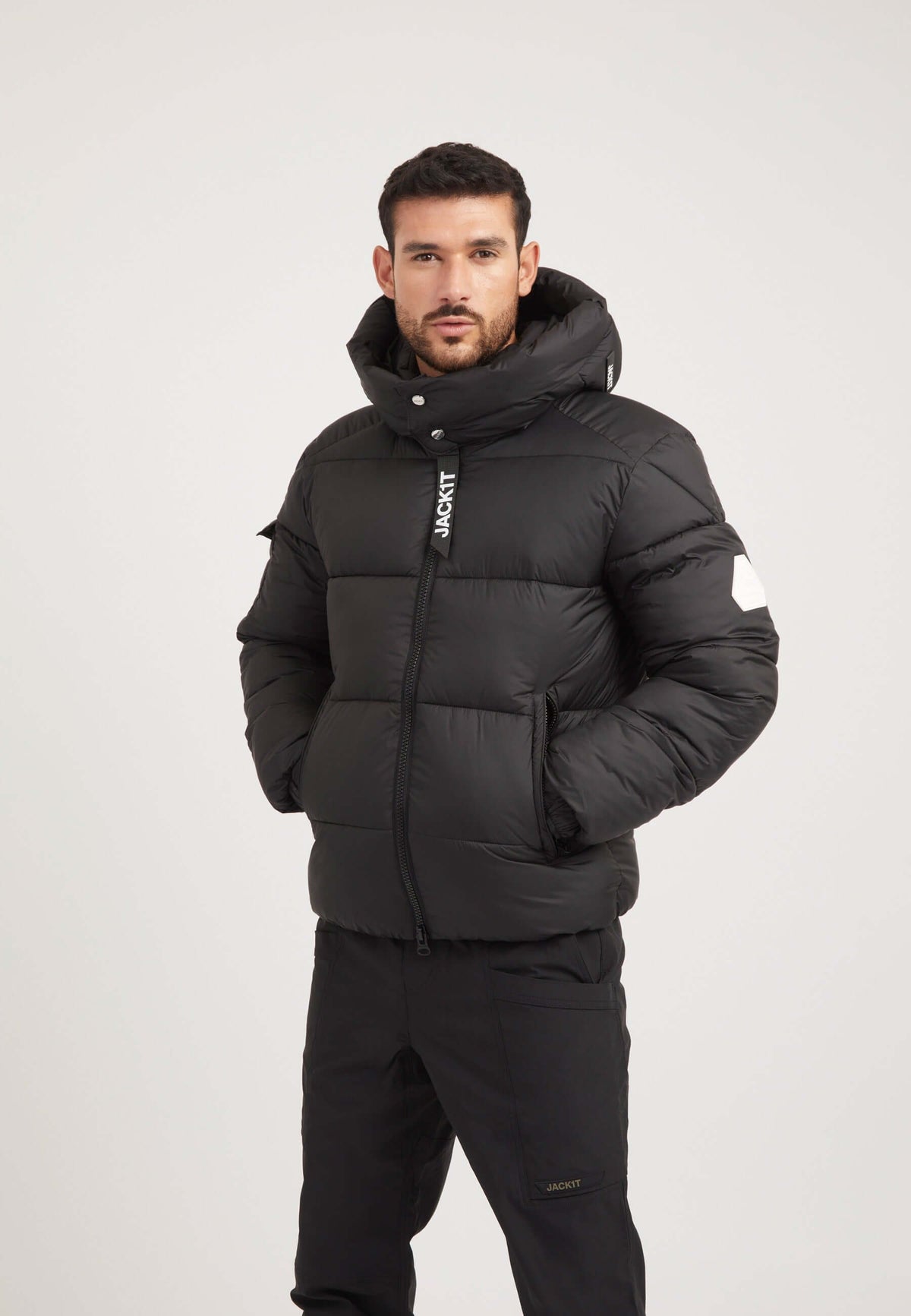EZ Puffer Racer Jacket Matt Black on model front view by JACK1T