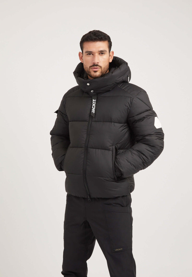 EZ Puffer Racer Jacket Matt Black on model front view by JACK1T