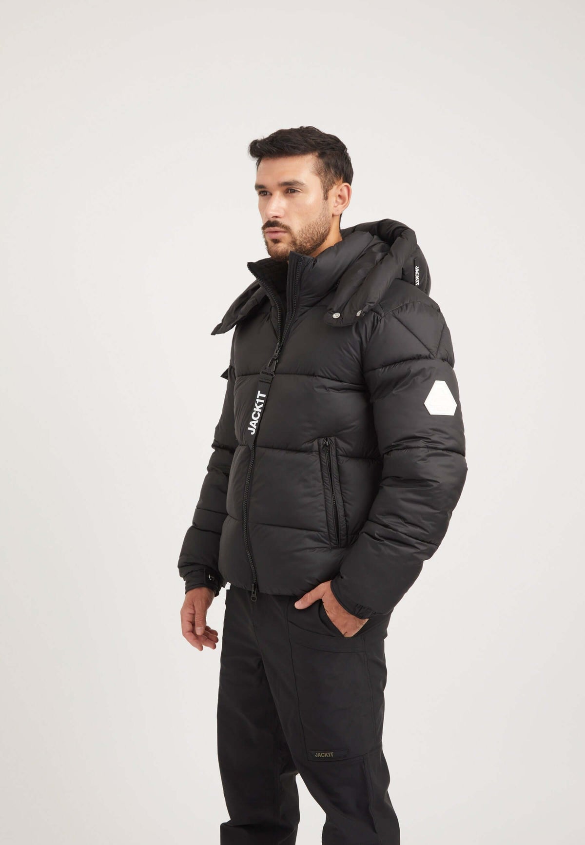 EZ Puffer Racer Jacket Matt Black on model back view by JACK1T