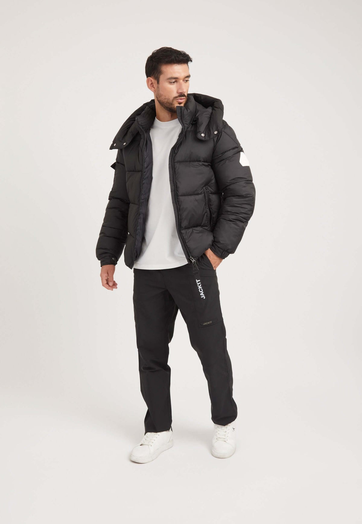EZ Puffer Racer Jacket Matt Black on model detail by JACK1T