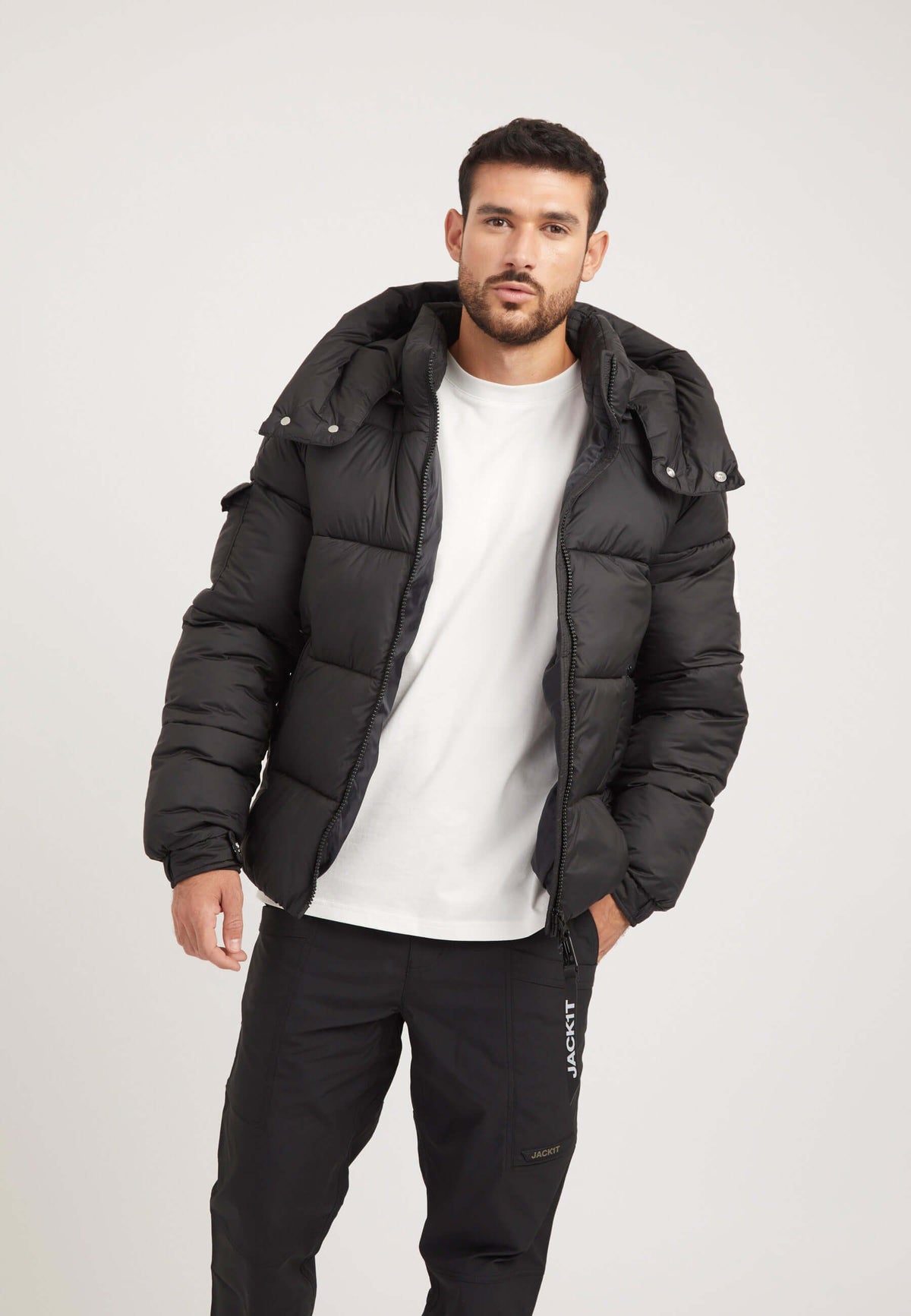 EZ Puffer Racer Jacket Matt Black styled shot by JACK1T