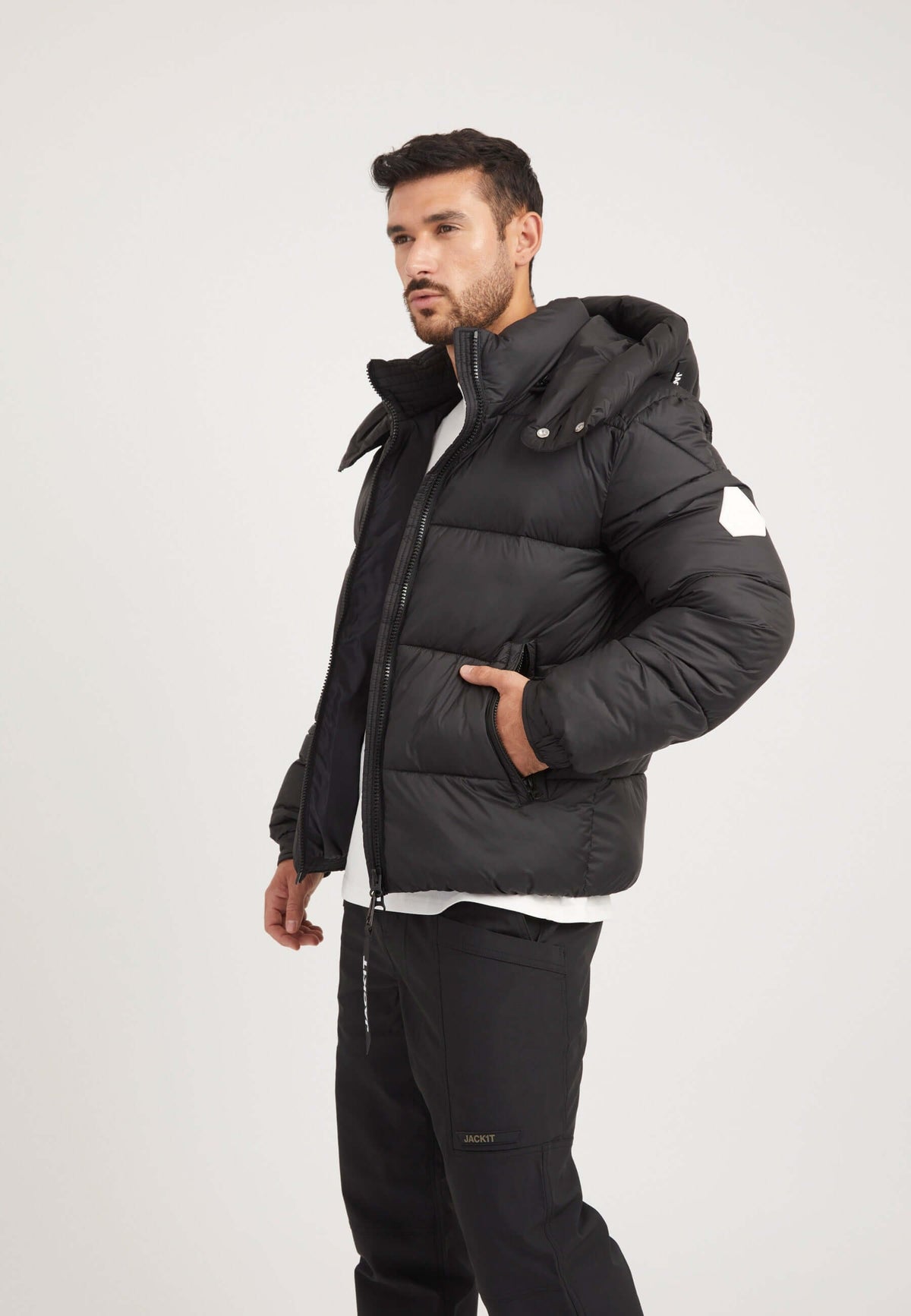 EZ Puffer Racer Jacket Matt Black styled shot by JACK1T