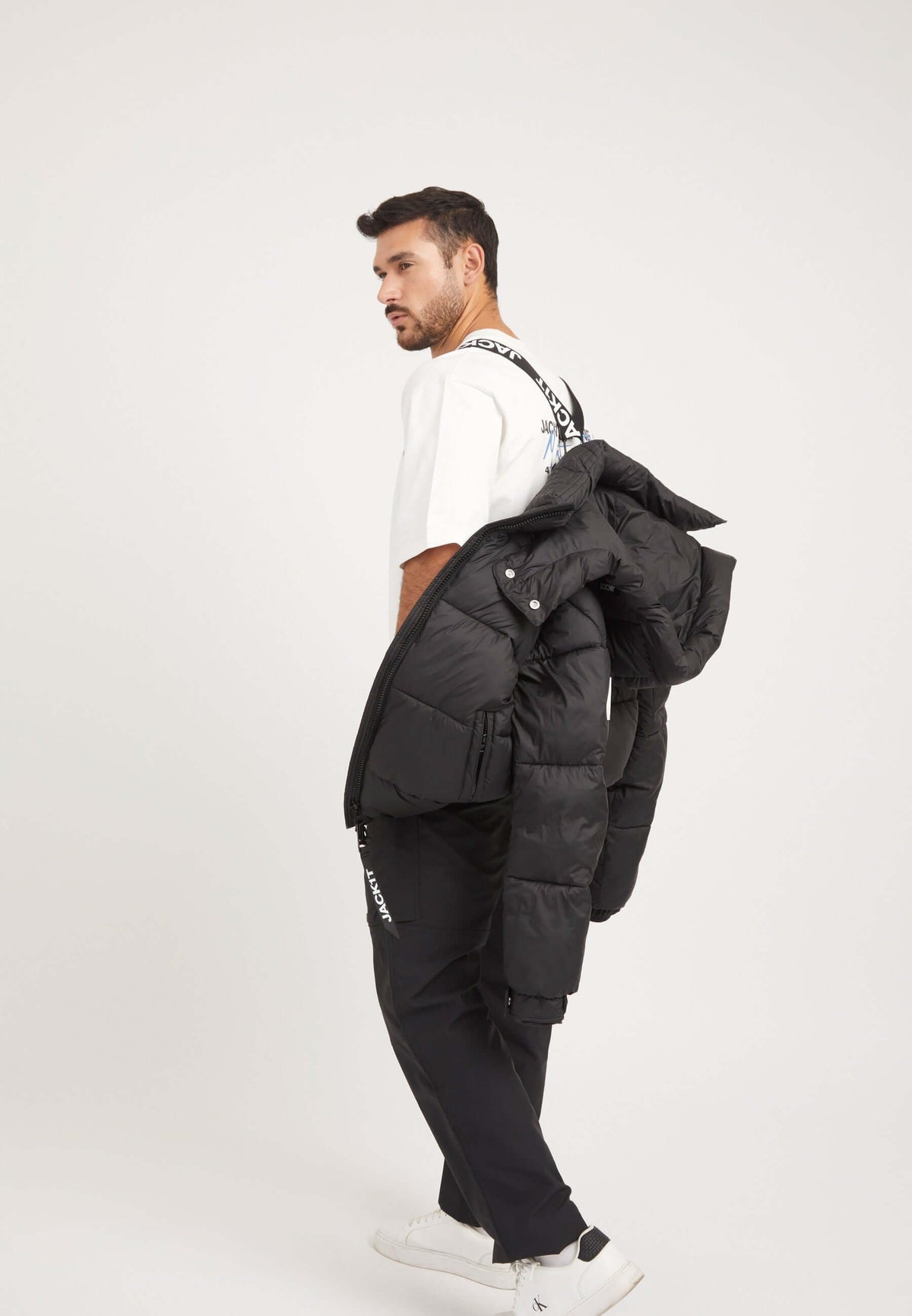 EZ Puffer Racer Jacket Matt Black styled shot by JACK1T