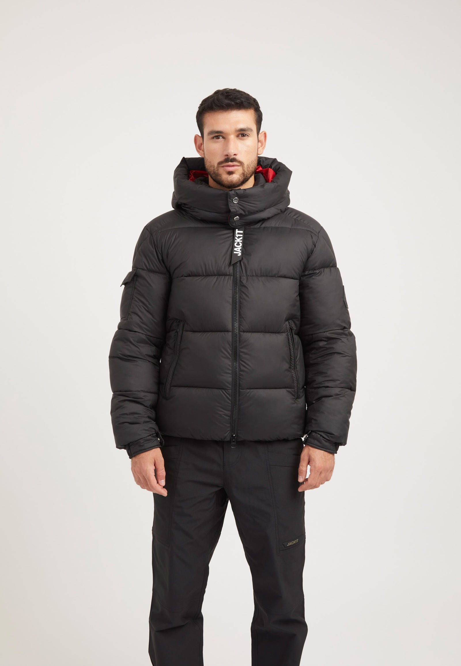 EZ Puffer Racer Jacket Black/Cherry Red on model front view by JACK1T