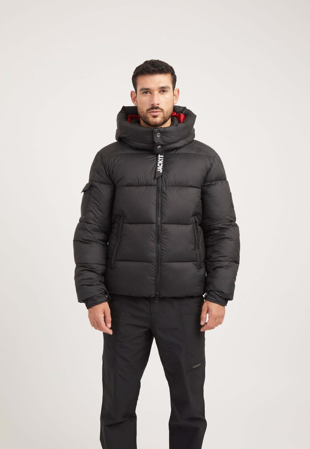 EZ Puffer Racer Jacket Black/Cherry Red on model front view by JACK1T