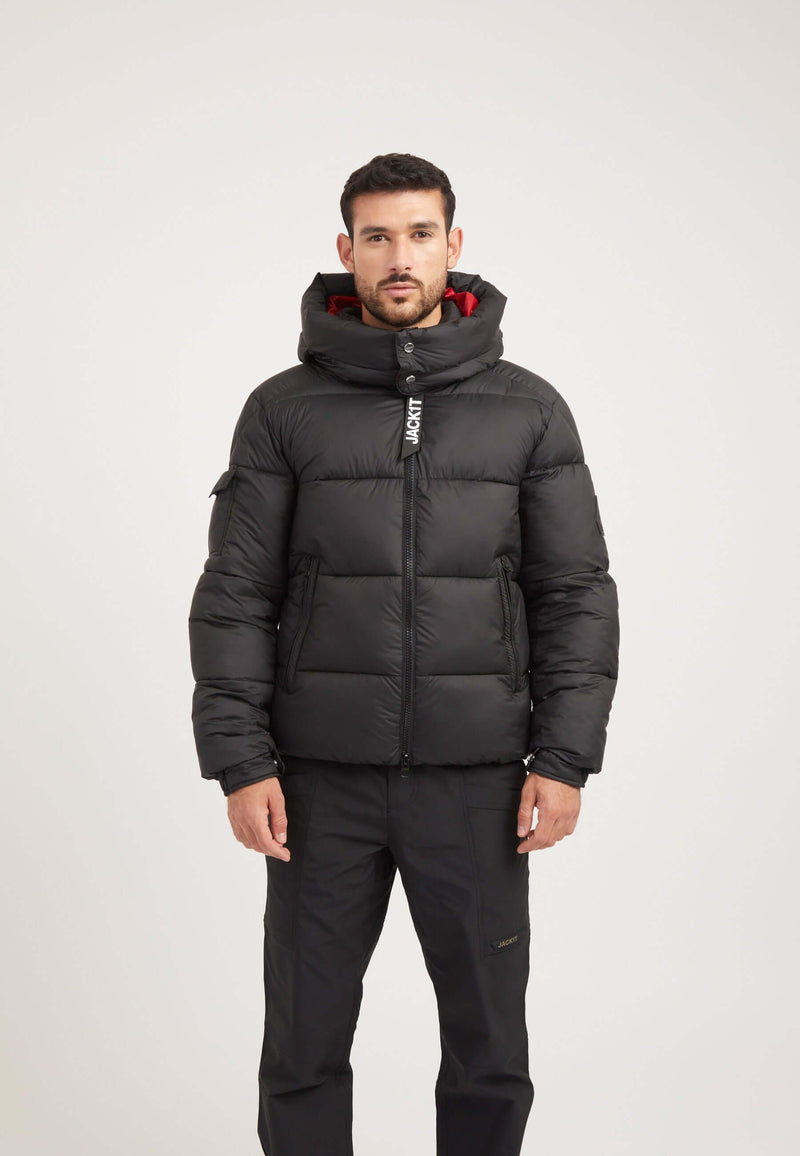 EZ Puffer Racer Jacket Black/Cherry Red on model front view by JACK1T