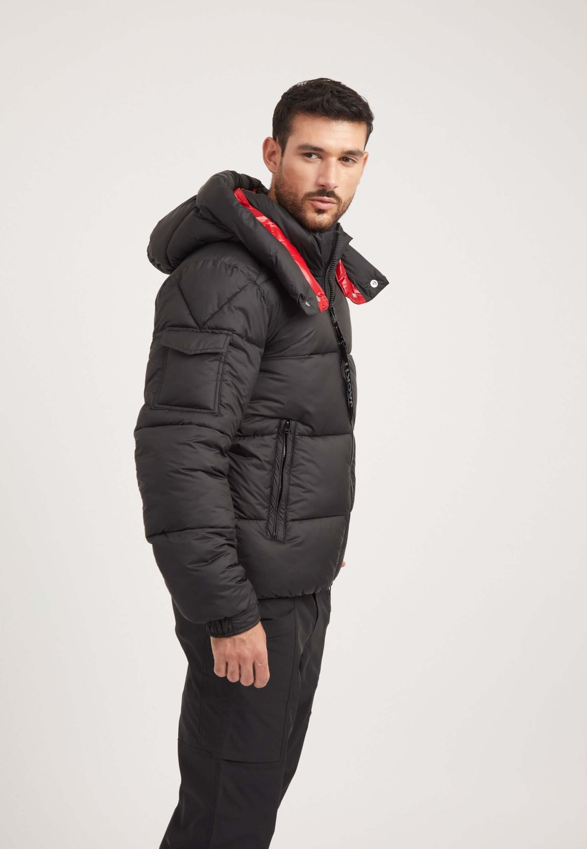 EZ Puffer Racer Jacket Black/Cherry Red on model back view by JACK1T