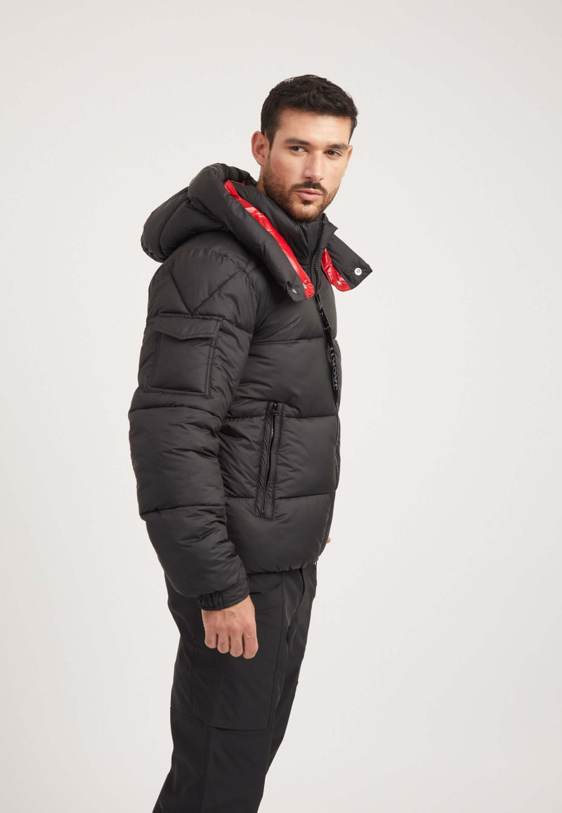 EZ Puffer Racer Jacket Black/Cherry Red on model back view by JACK1T