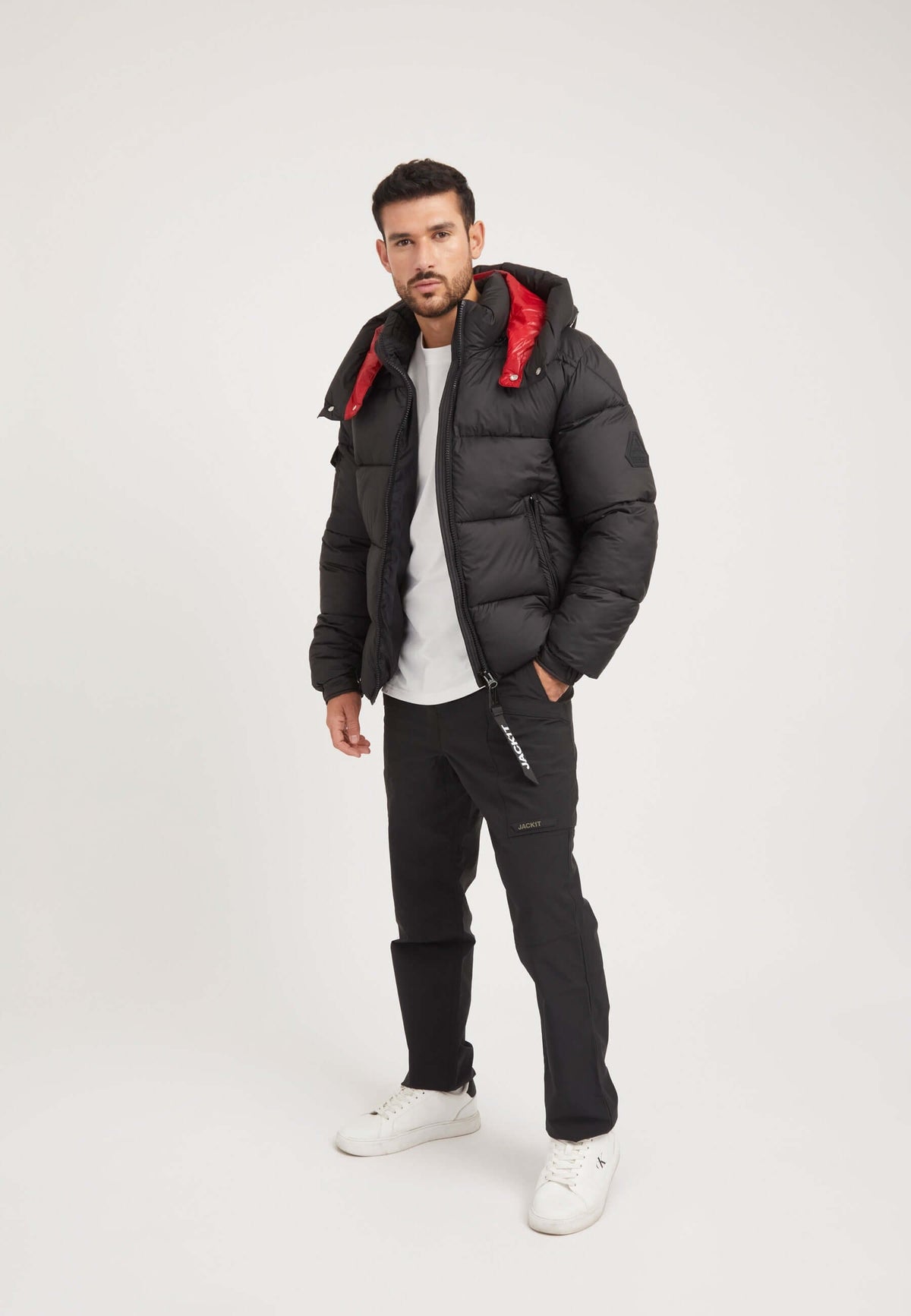 EZ Puffer Racer Jacket Black/Cherry Red on model detail by JACK1T