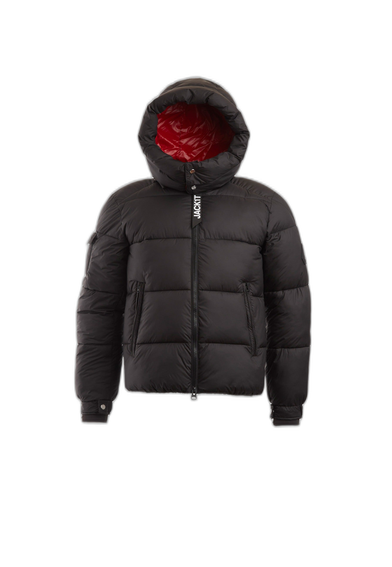 EZ Puffer Racer Jacket Black Cherry Red flat lay cutout
