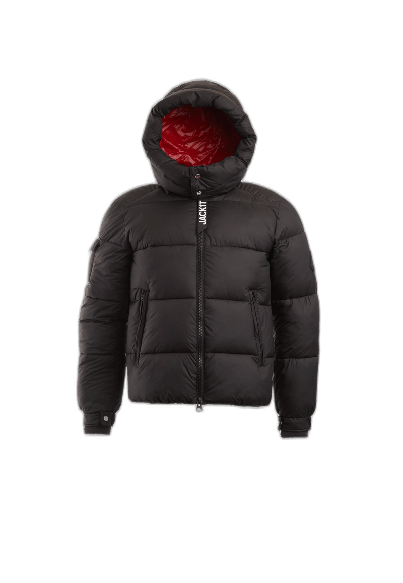 EZ Puffer Racer Jacket Black Cherry Red flat lay cutout