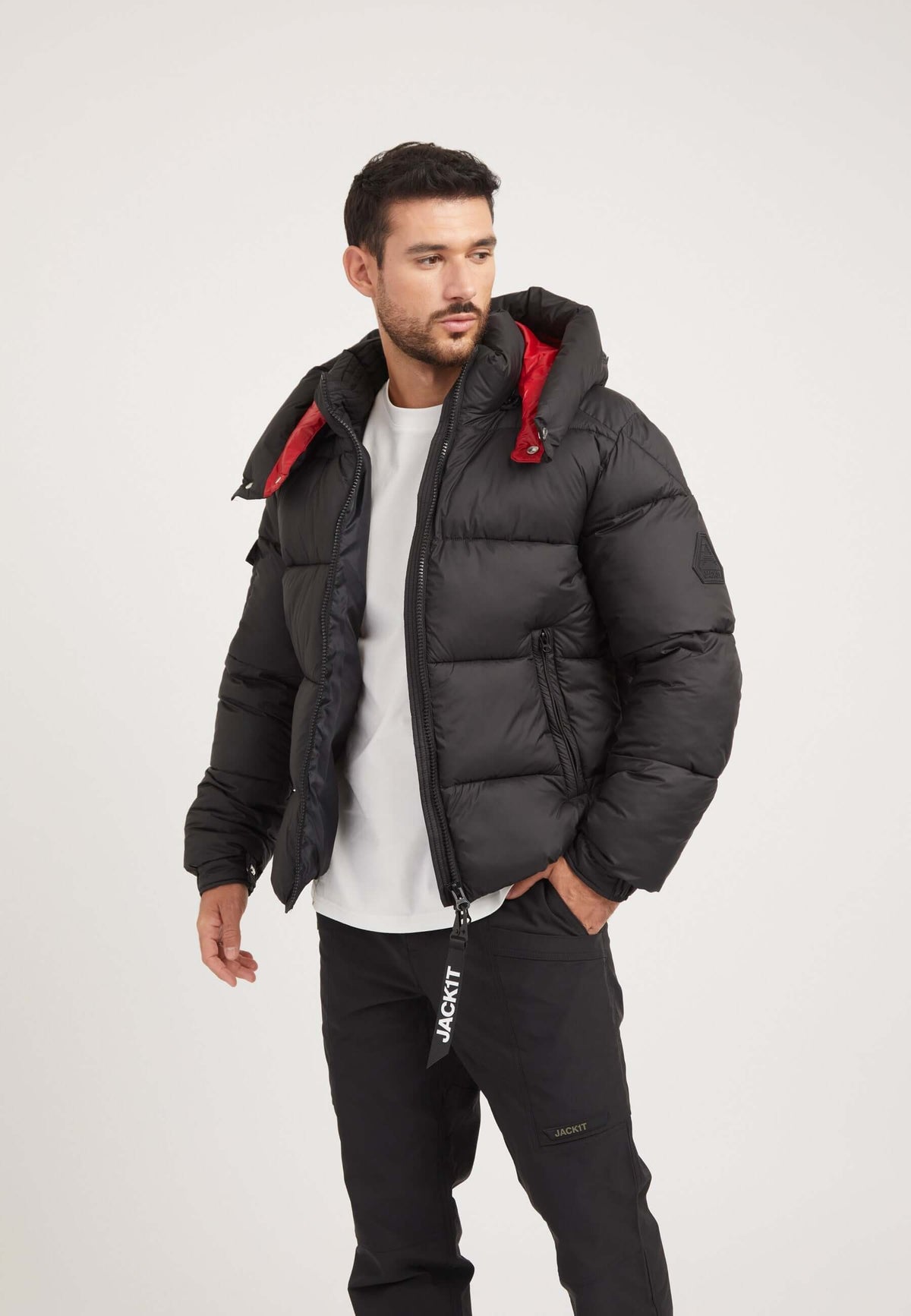 EZ Puffer Racer Jacket Black/Cherry Red styled shot by JACK1T