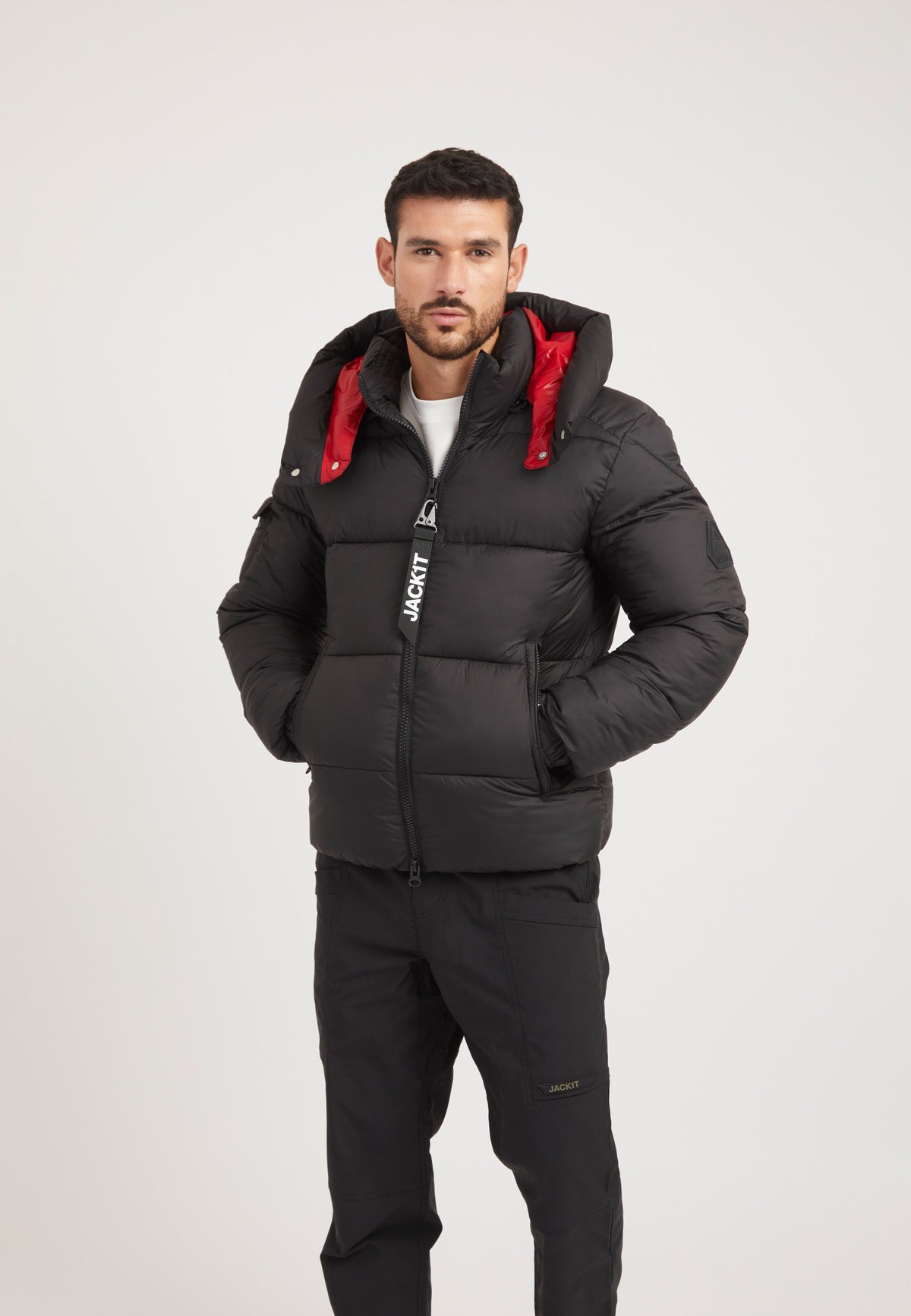 EZ Puffer Racer Jacket Black/Cherry Red styled shot by JACK1T
