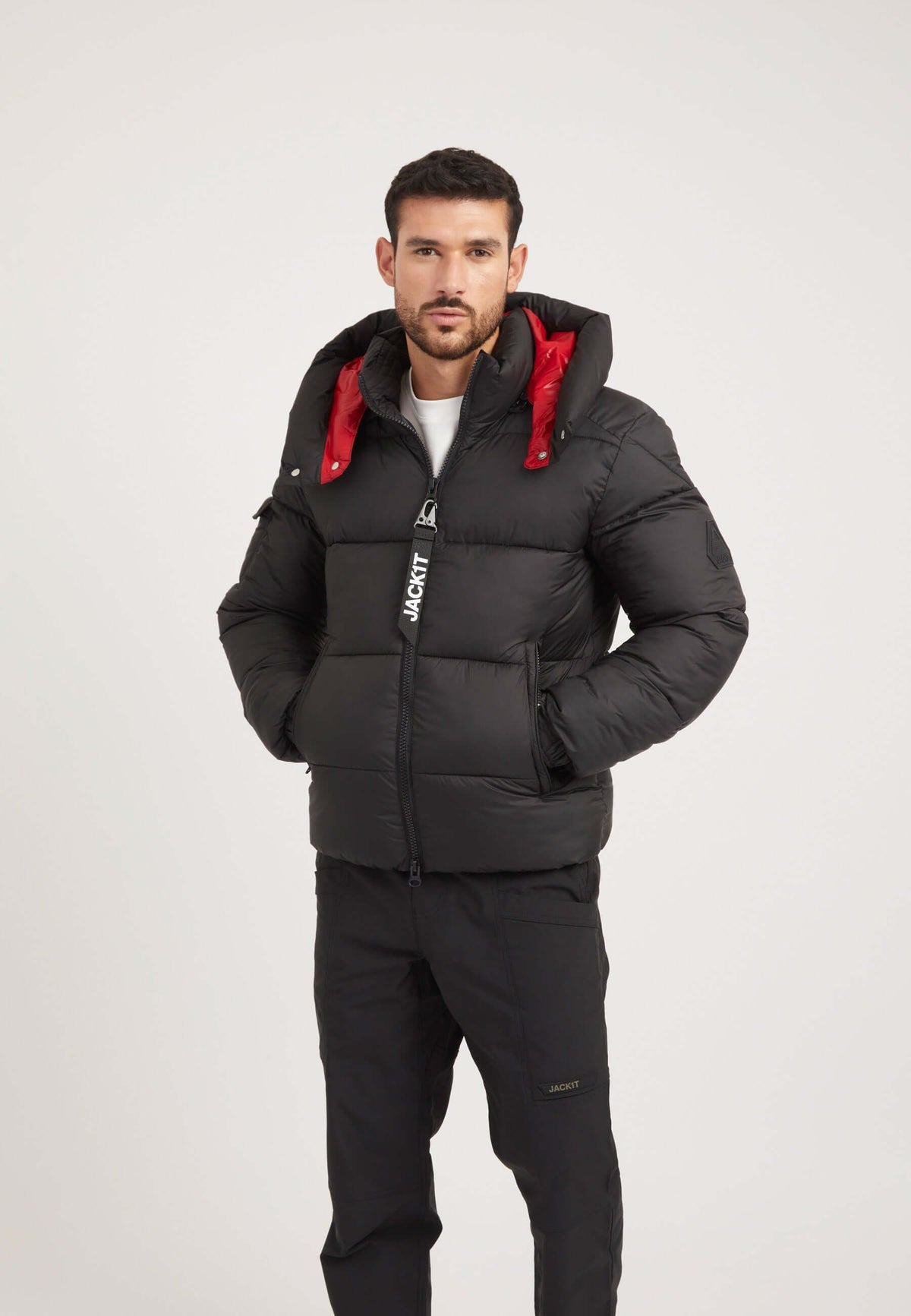 EZ Puffer Racer Jacket Black/Cherry Red styled shot by JACK1T