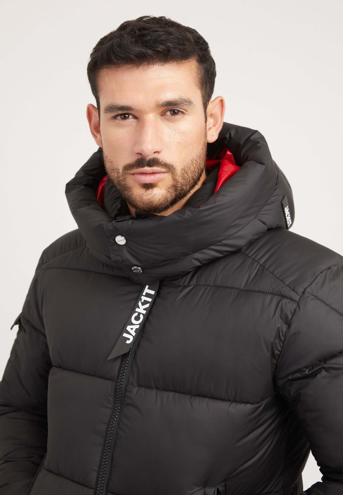 EZ Puffer Racer Jacket Black/Cherry Red styled shot by JACK1T