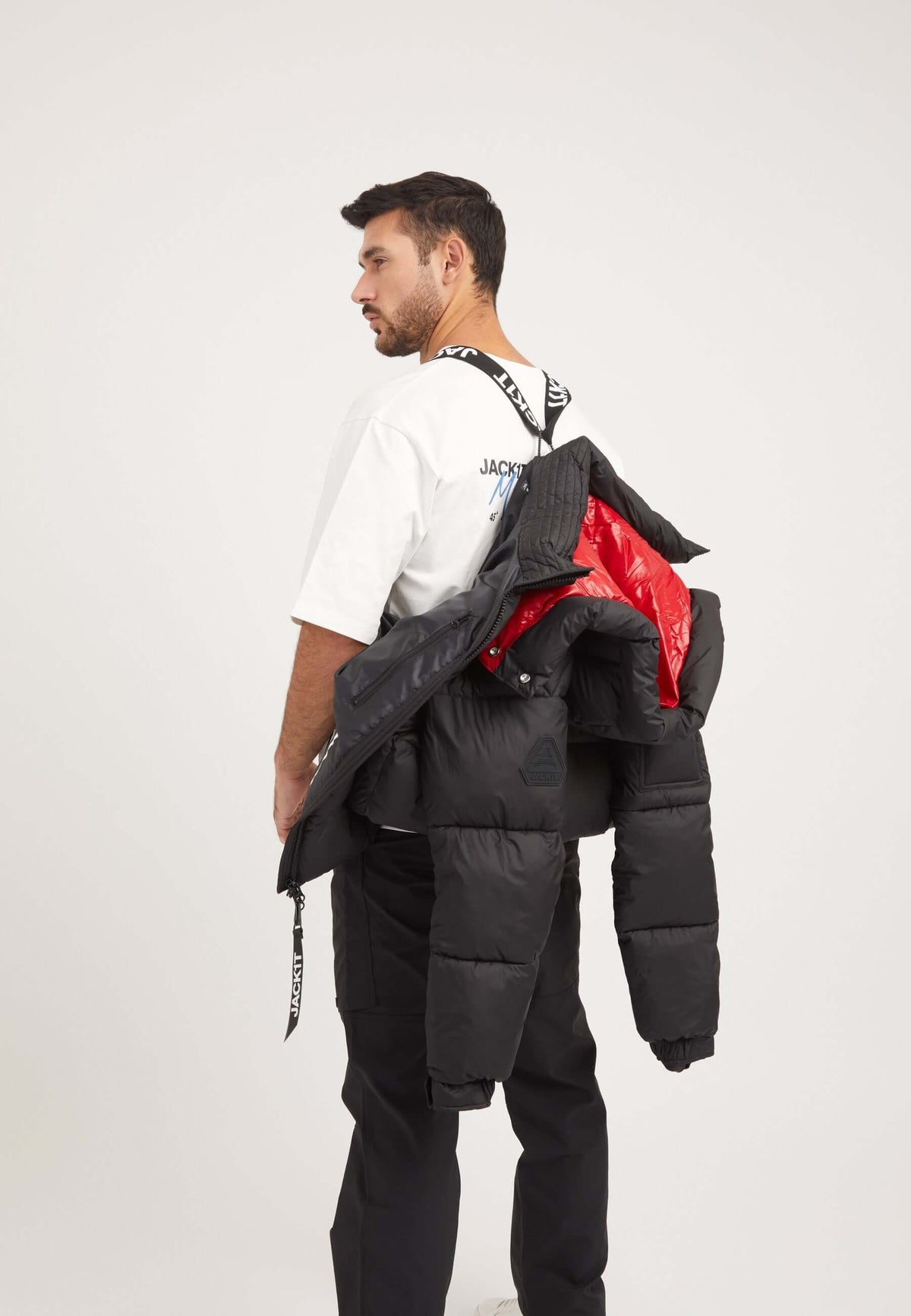 EZ Puffer Racer Jacket Black/Cherry Red styled shot by JACK1T