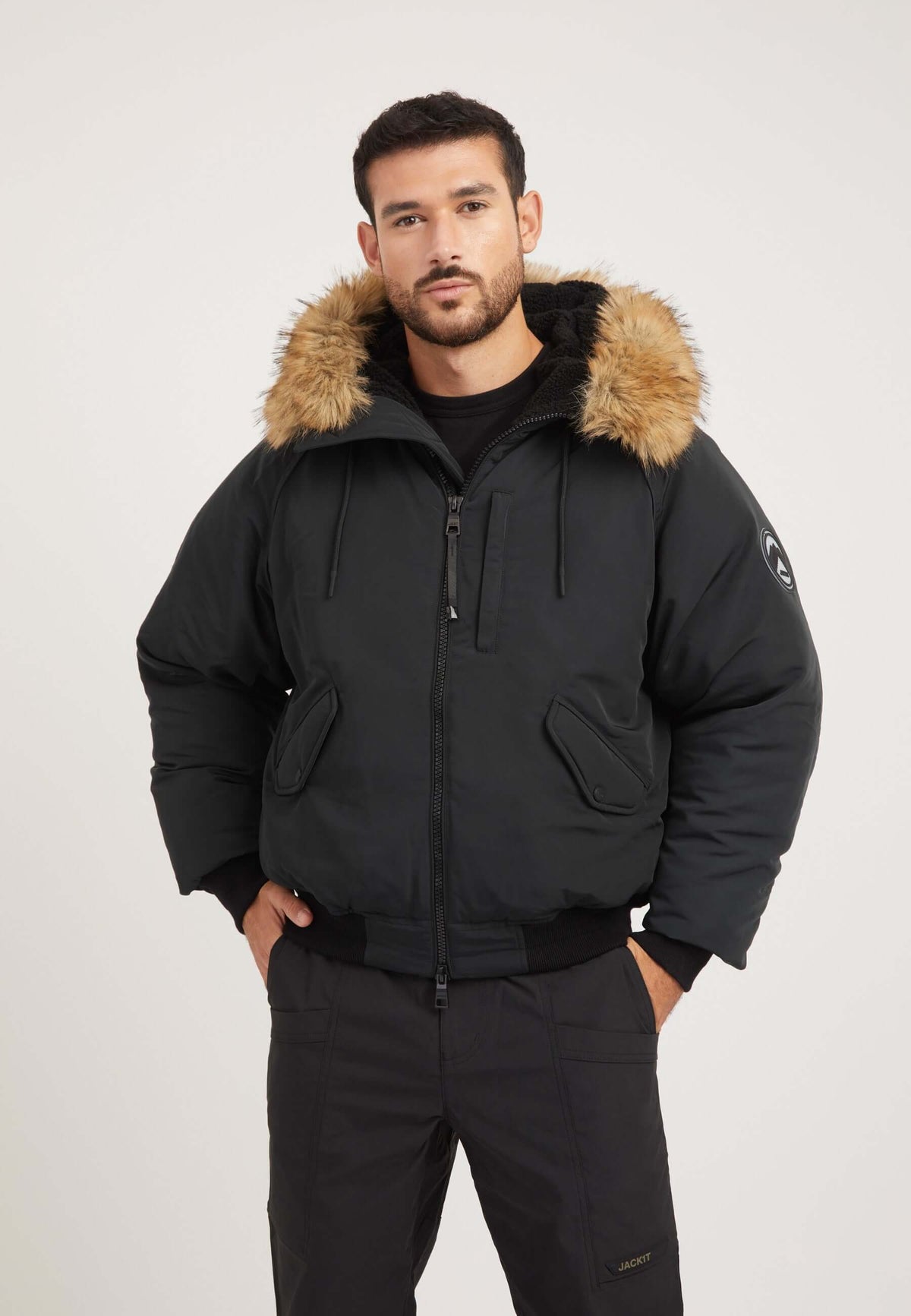 First Rescue Bomber Jacket Black on model front view by JACK1T