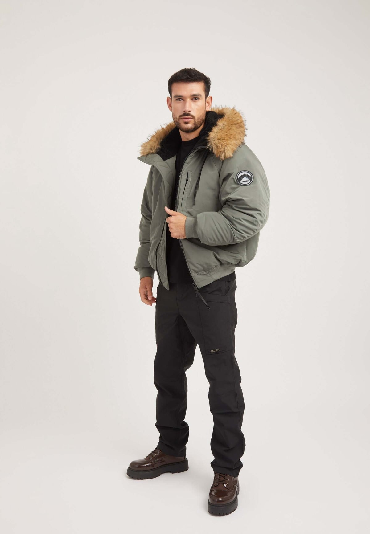 First Rescue Bomber Jacket Olive on model detail by JACK1T