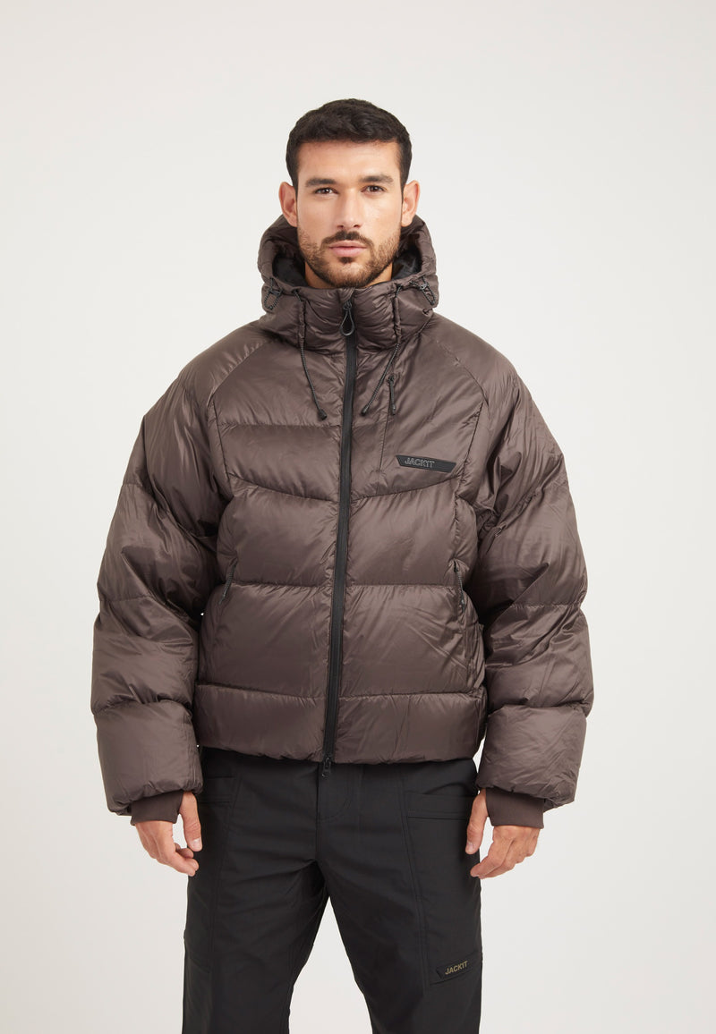 Bubble Jacket Mid Brown on model front view by JACK1T