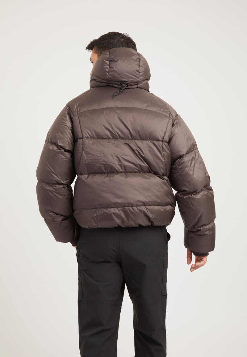 Bubble Jacket Mid Brown on model full length by JACK1T