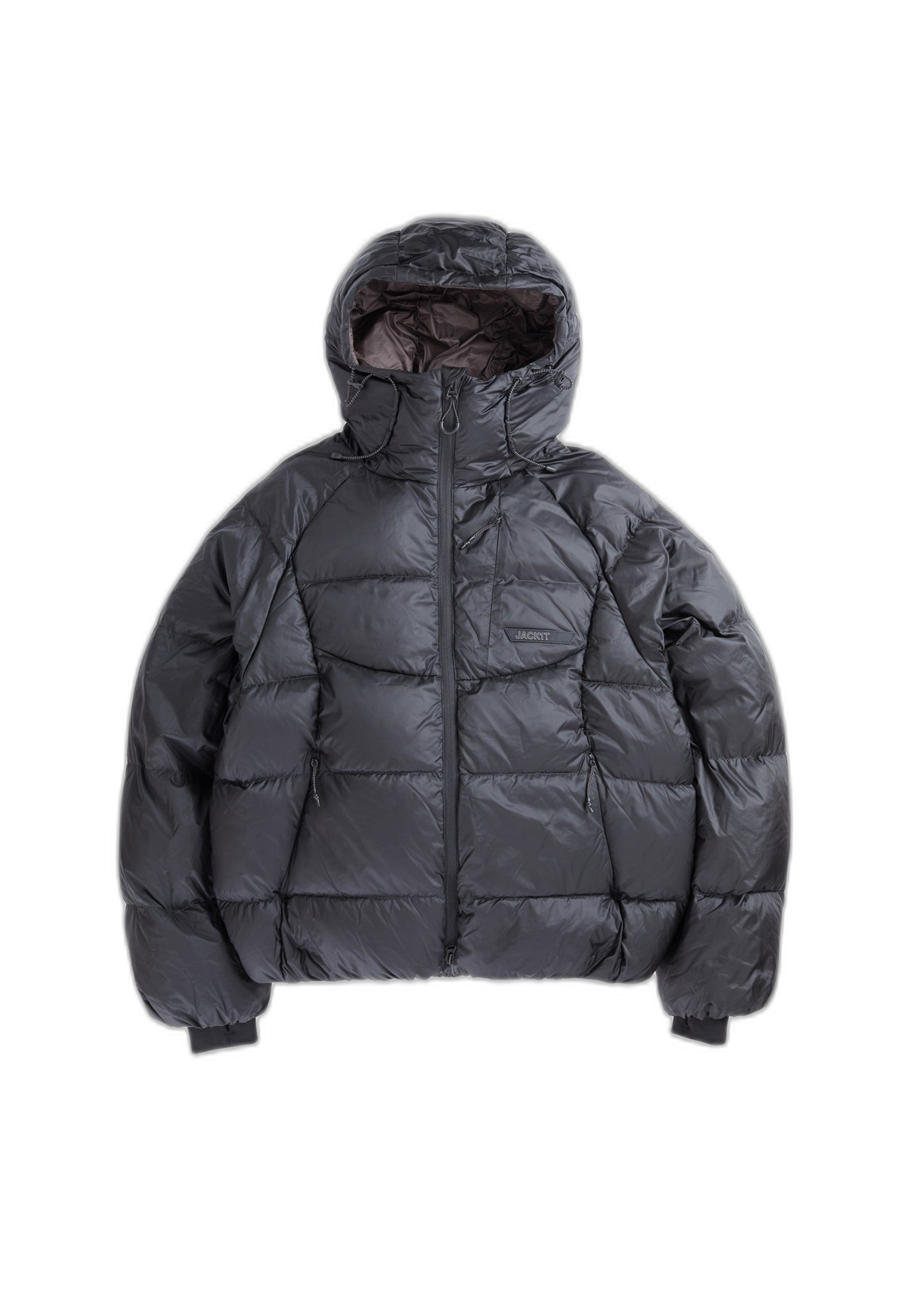 oversized puffer jacket black displayed on a white background with adjustable hood and puffed silhouette.