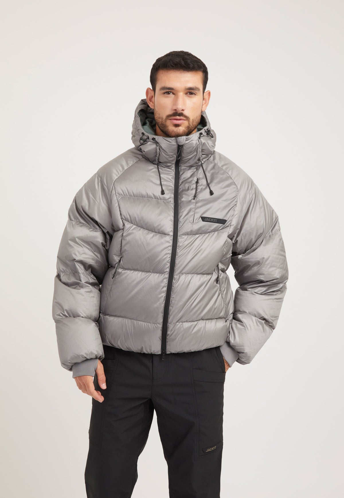 Bubble Jacket Grey on model front view by JACK1T