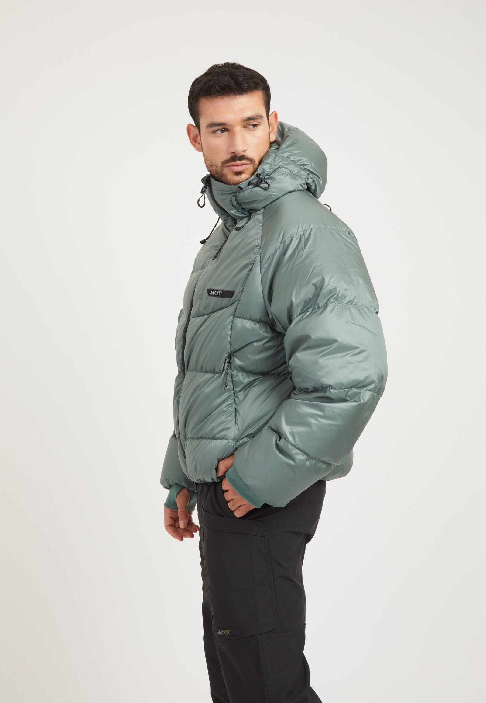 Bubble Jacket Green on model back view by JACK1T