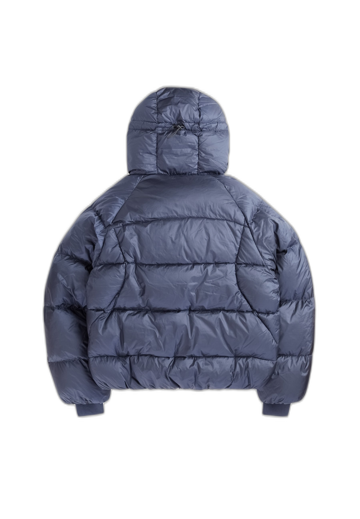 Back view of oversized puffer jacket navy with adjustable hood and quilted design.