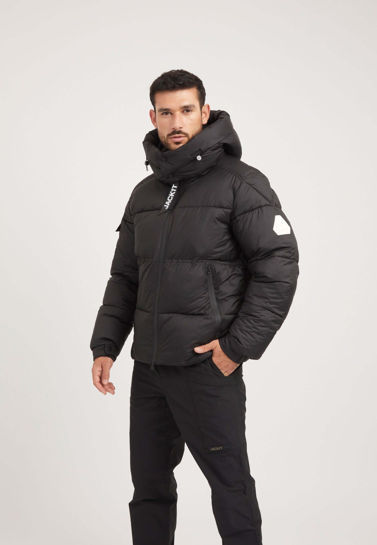 EZ Water ONELOFT Puffer Racer Jacket Matt Black on model front view by JACK1T