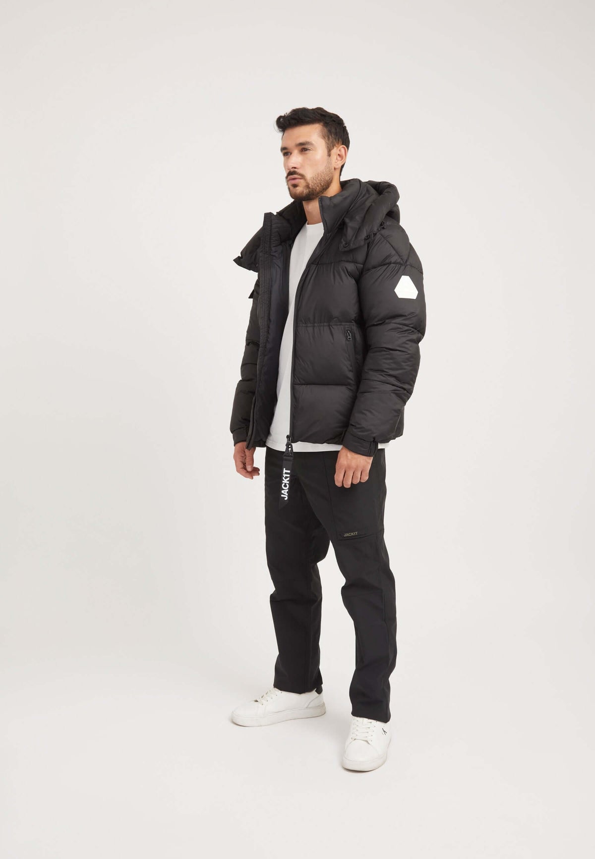 EZ Water ONELOFT Puffer Racer Jacket Matt Black on model detail by JACK1T