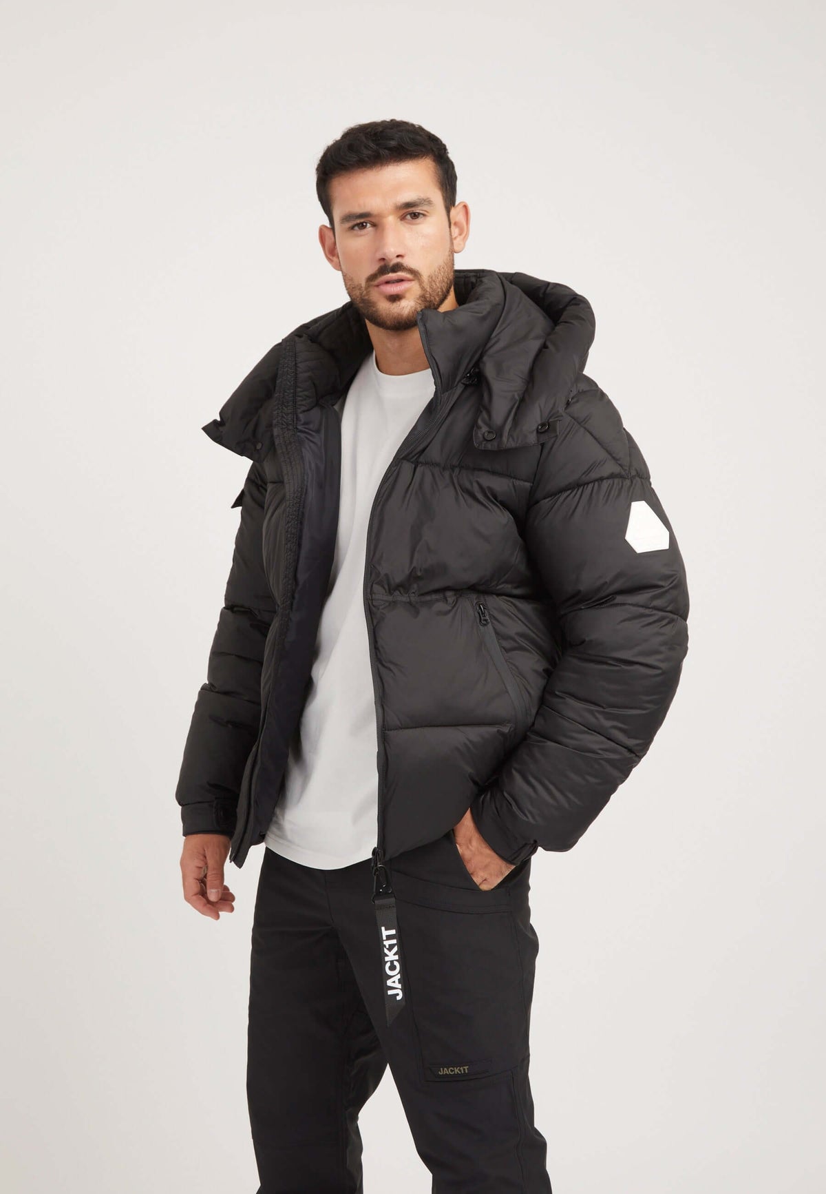 EZ Water ONELOFT Puffer Racer Jacket Matt Black styled shot by JACK1T