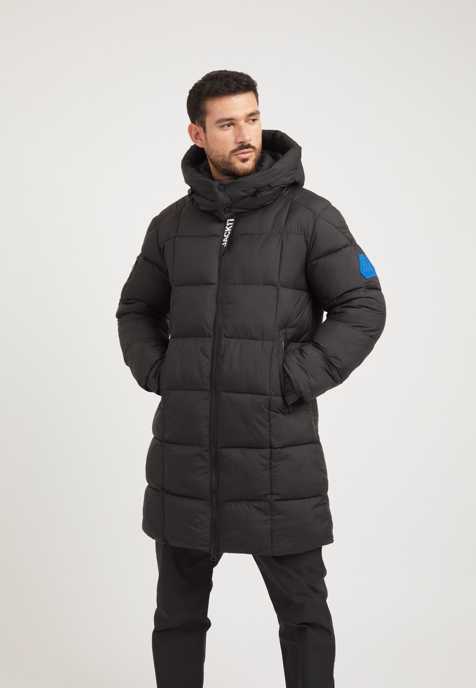 EZ Boxed Coat Matt Black on model front view by JACK1T