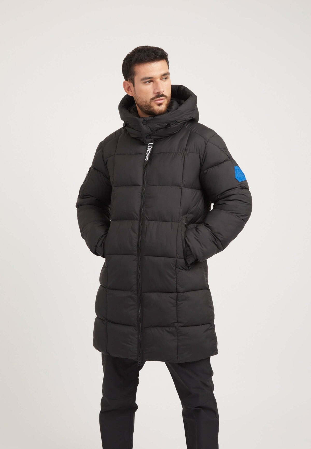 EZ Boxed Coat Matt Black on model front view by JACK1T