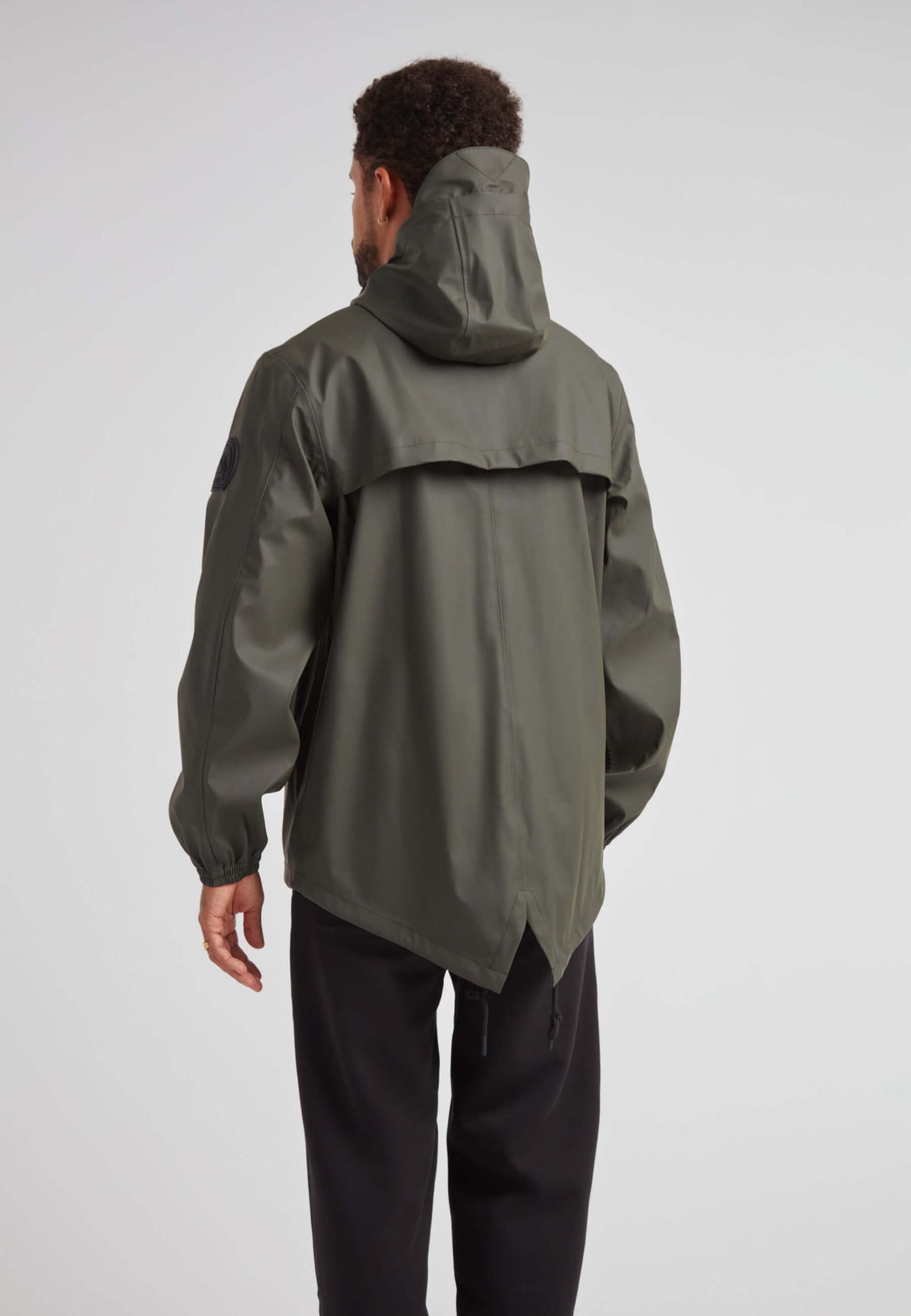 ELEMENTS Unisex Raincoat 2.0 Khaki showcased from the back, demonstrating its lightweight design and weather protection.