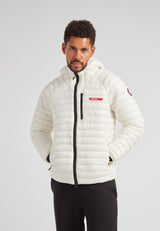 SATEL1TE Hooded Jacket 2.0 shown in white, featuring a stylish design with a hood and zip closure.