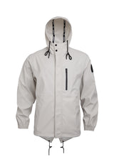ELEMENTS Unisex Raincoat 2.0 Stone featuring a hood and zippered pockets in a light stone color.