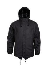 ELEMENTS Unisex Raincoat 2.0 Black displayed with a hood and adjustable features for versatile weather protection.