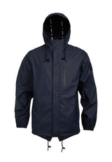 ELEMENTS Unisex Raincoat 2.0 Navy displayed front view, featuring a hood and zippered pockets.