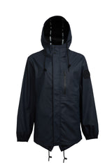 ELEMENTS Raincoat 2.0 Navy, a lightweight rain jacket with a hood and zippered front pocket, designed for comfort and breathability.