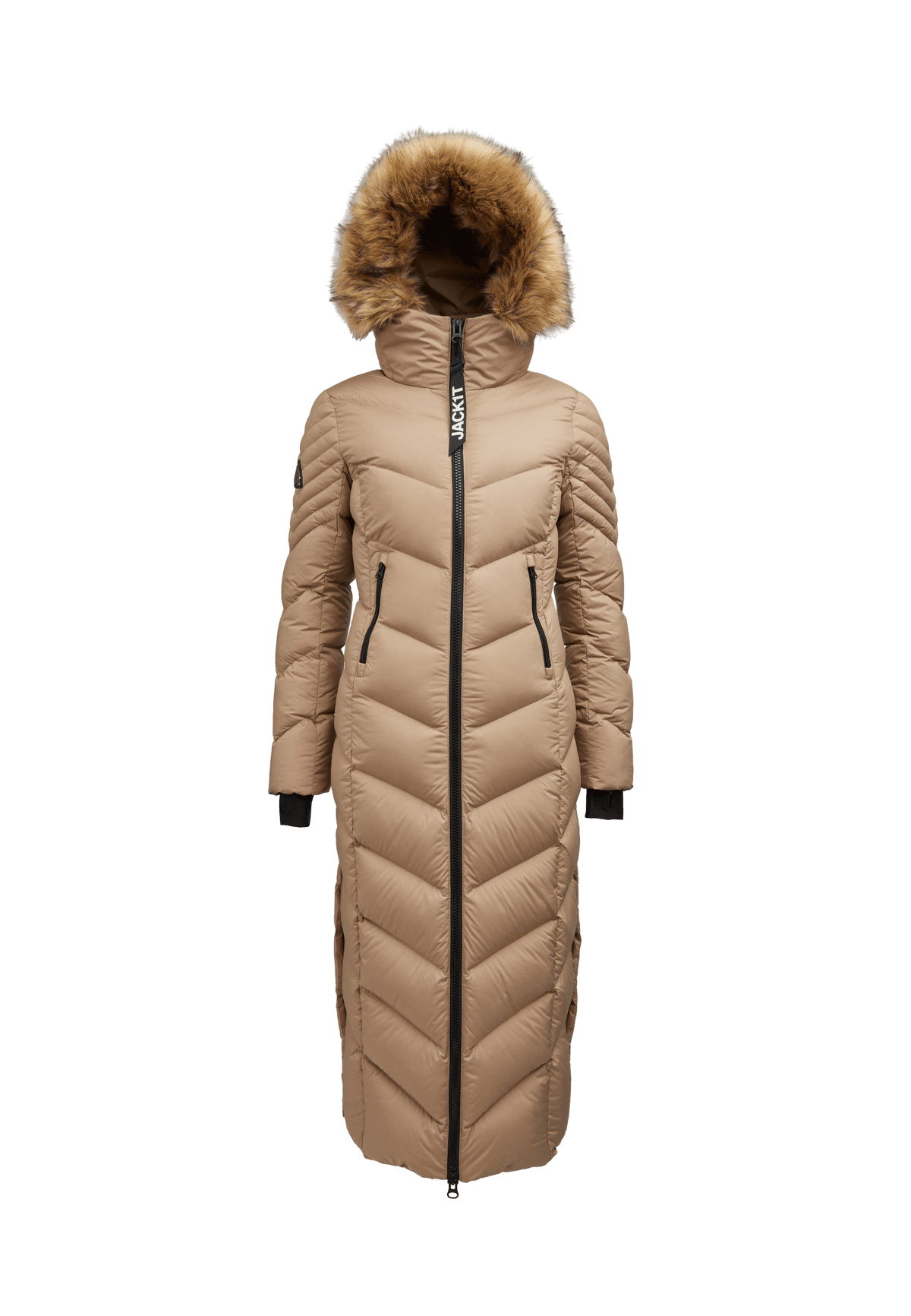 Extra long puffer coat womens in a stylish beige color with faux fur hood and durable zipper.