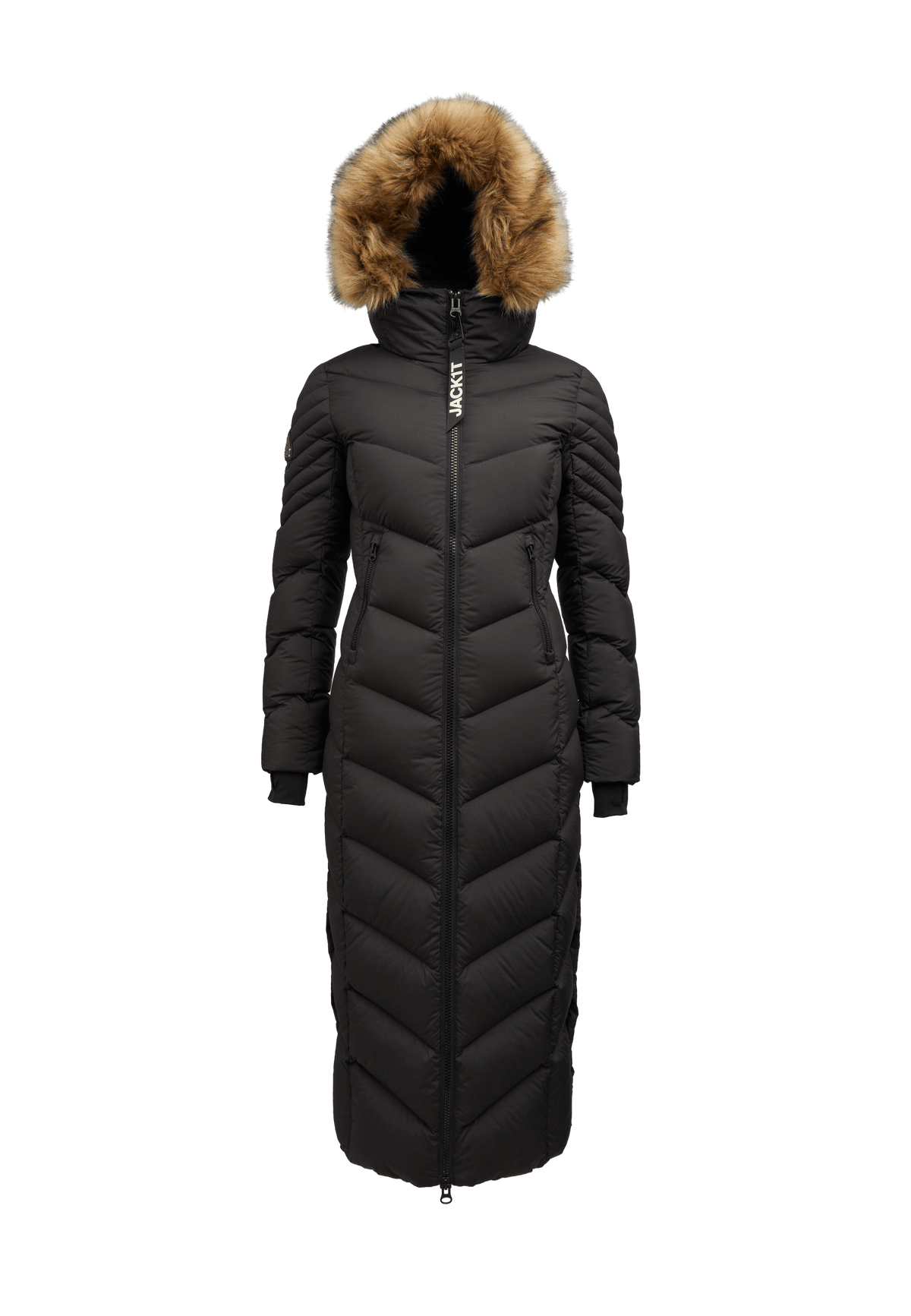 Long puffer coat womens in black with fur hood and full-length silhouette, designed for luxury and comfort.