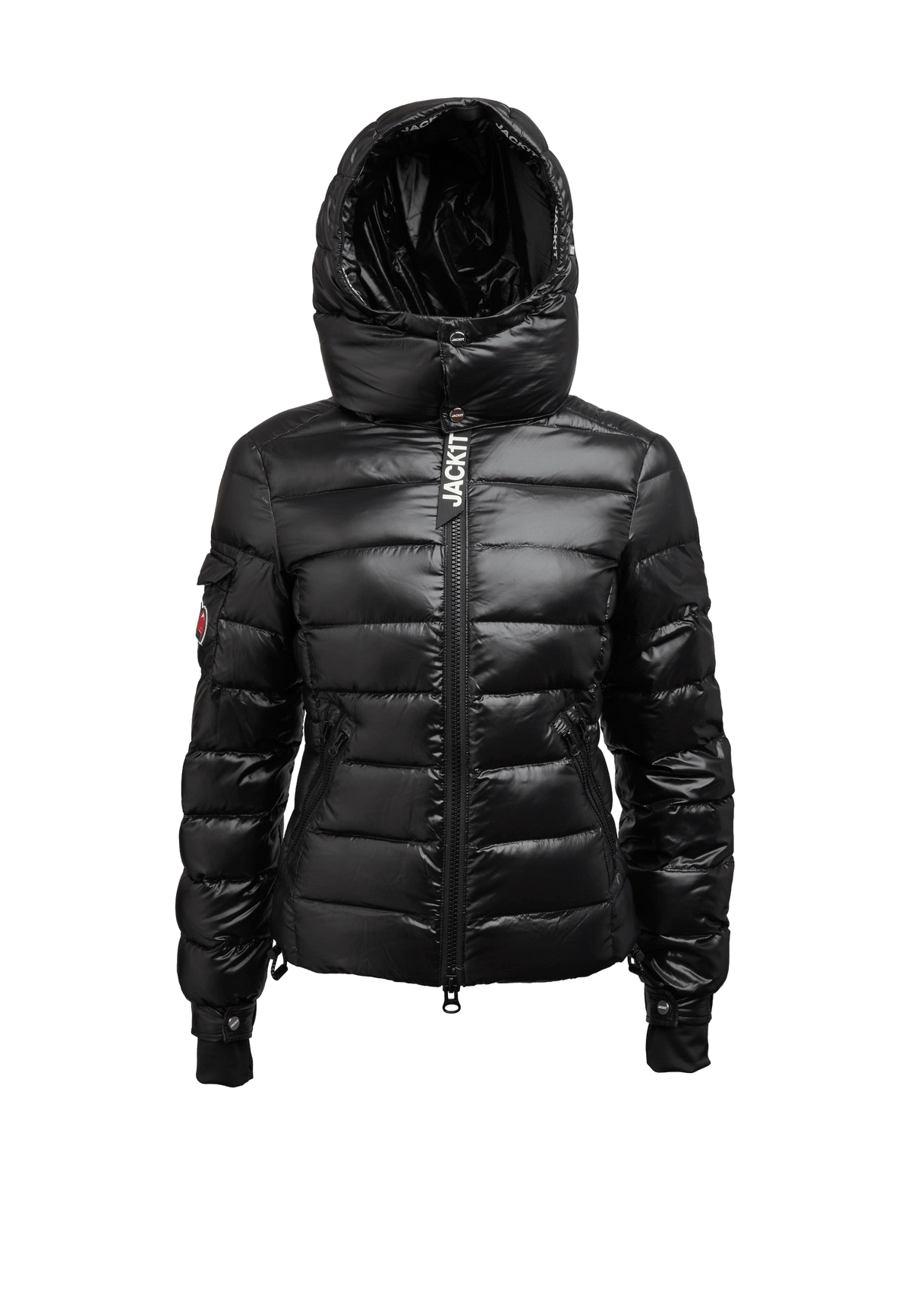 Squadra Slick Racer Jacket in black, a stylish black puffer jacket womens with detachable hood and sporty silhouette.
