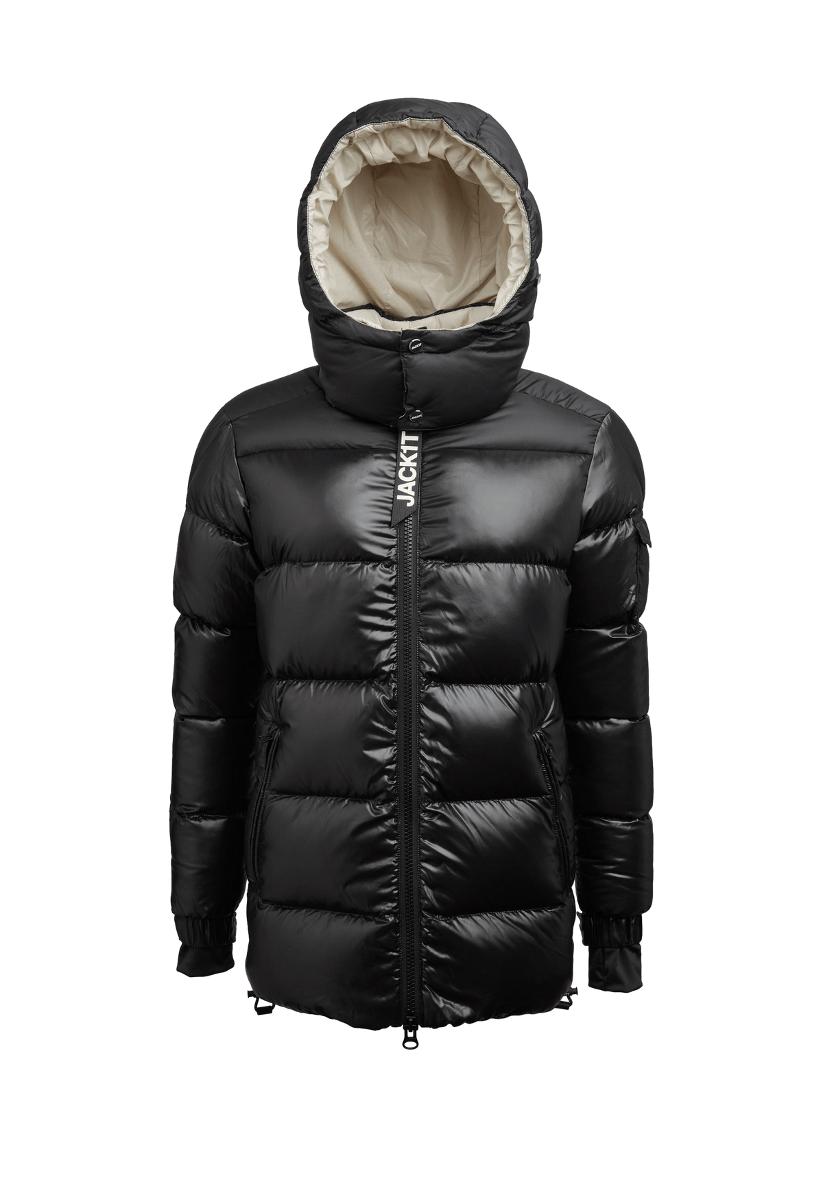 women's black puffer with removable hood showcasing a stylish 2-in-1 design and durable water repellent finish.